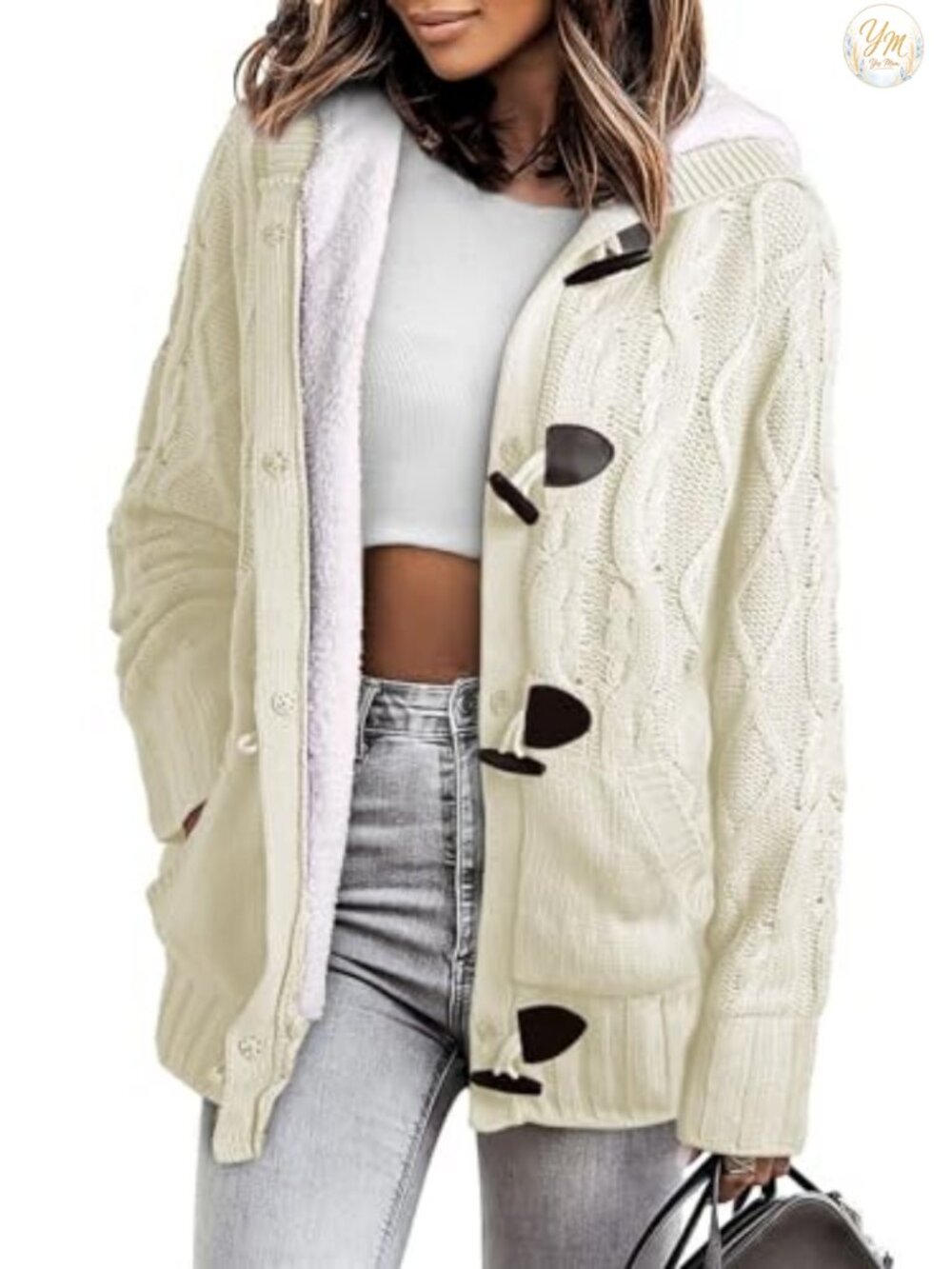 Fleece Lined Hooded Cardigan Sweater, Full Zip & Button Front, Two Pockets,